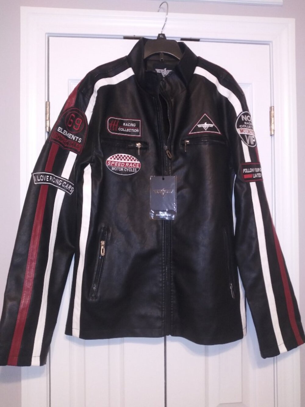 V.I.P. Collection Men’s Black Racing Motorcycle Jacket Red White Stripes Size -L